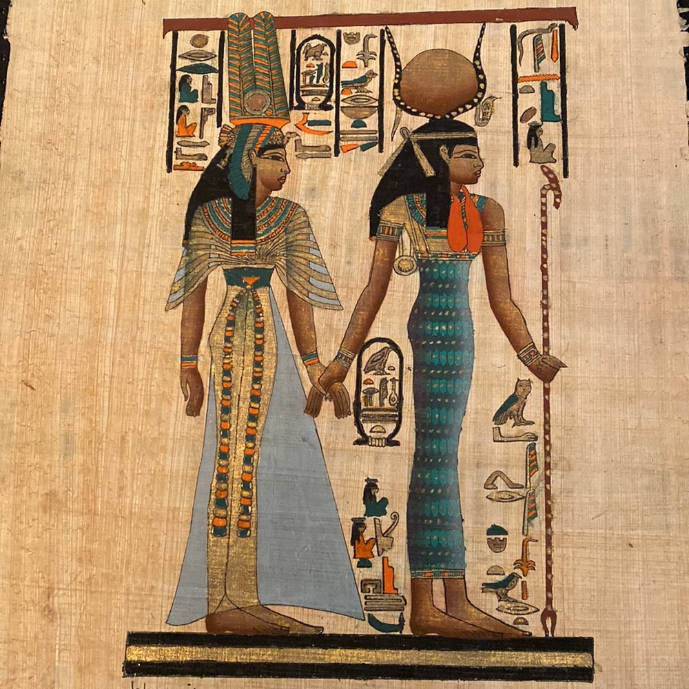 Vintage Egyptian Papyrus Painting Artist Signed Fahmy Kamel Isis Nefertari